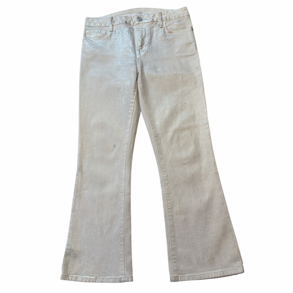 Frame Denim Le Crop Mini Boot Shimmering SIlver White Bootcut Jeans